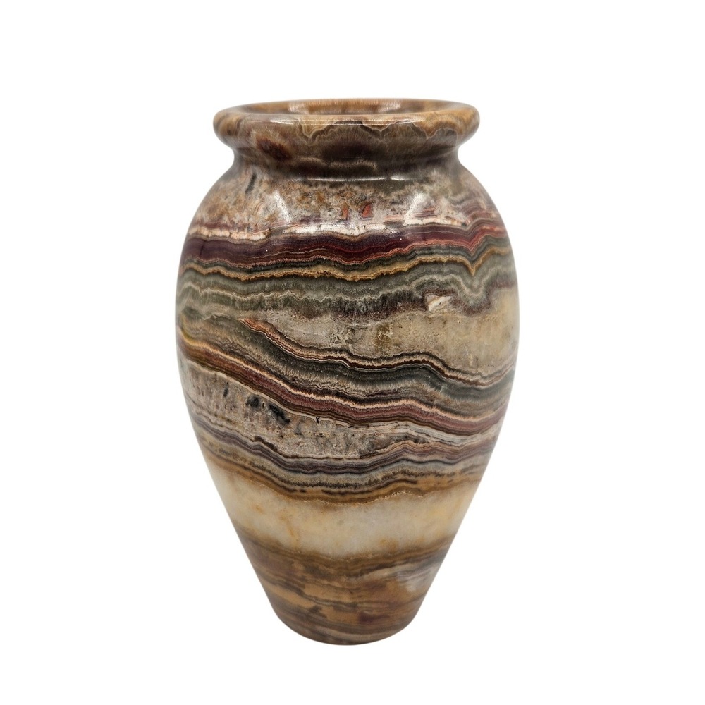 Vintage Banded Jasper Stone Bud Vase Polished Earth Tone Marble Urn 4.25in